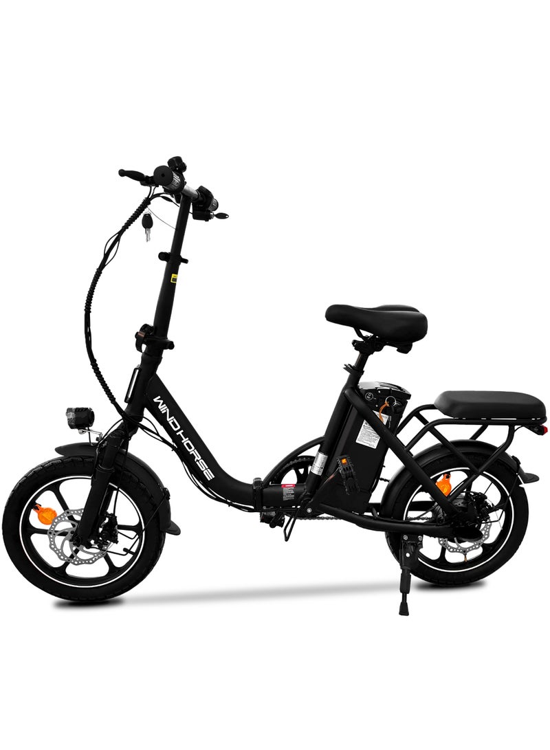 ويندهورس دراجة كهربائية قابلة للطي بمحرك 350 واط عالي السرعة | بطارية 36V 8Ah | سرعة 40 كم/س | مدى 35 كم | فرامل قرصية مزدوجة | إطار من سبائك الكربون | عجلات 16 بوصة | تعليق أمامي | مقعدين - Image 2